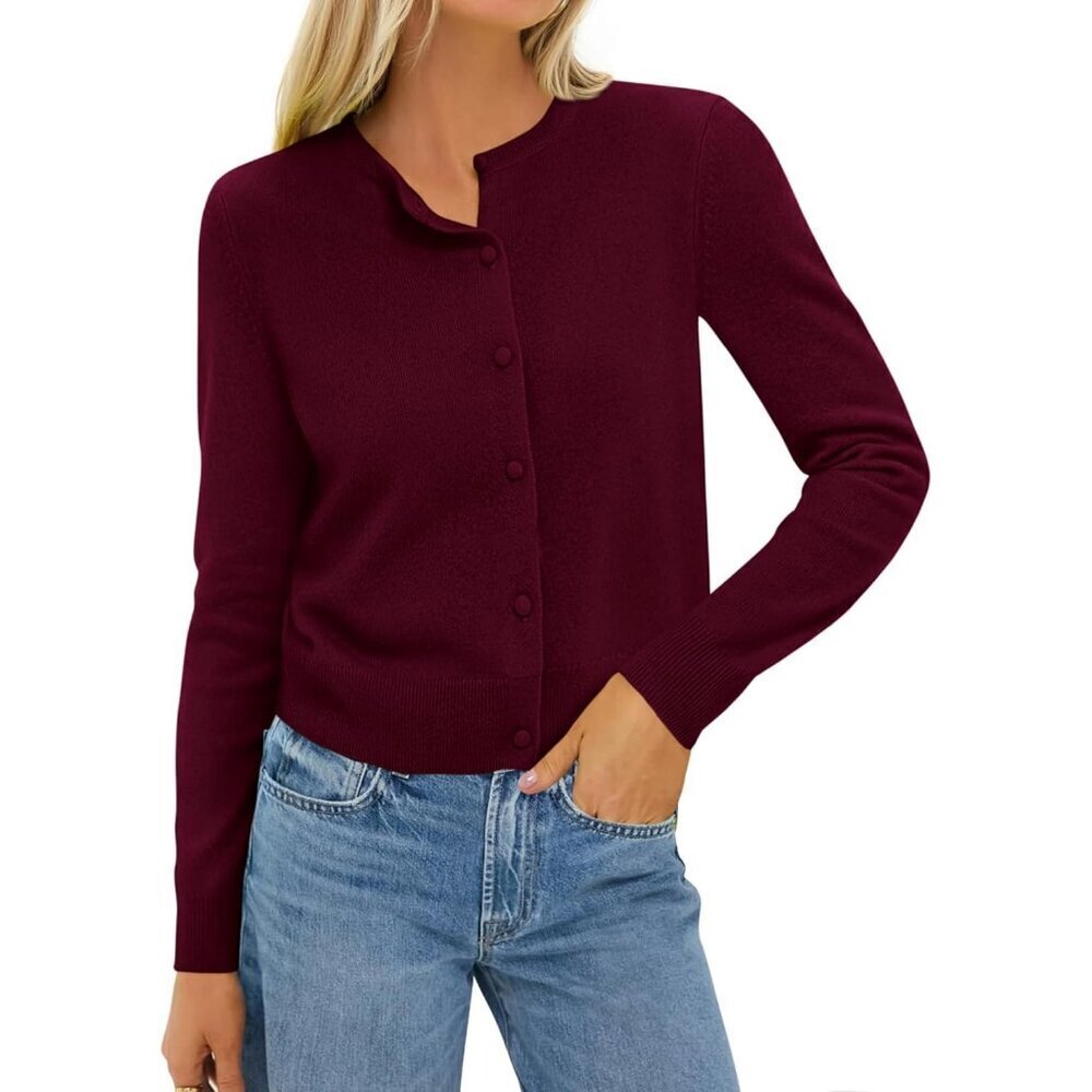 Women’s Cashmere Blend Cardigan Lightweight Long Sleeve Button Cropped Top